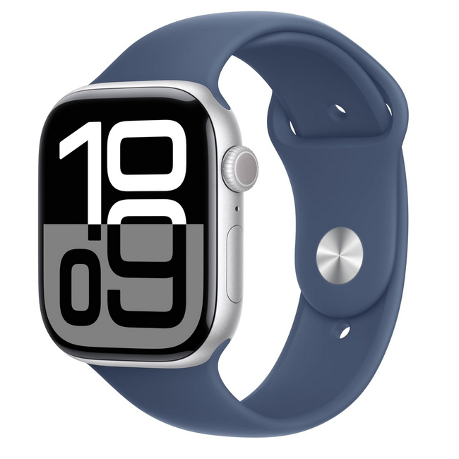اپل واچ سری 10 نقره ای با بند اسپرت سیلیکون آبی جین