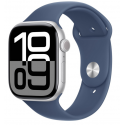 اپل واچ سری 10 نقره ای با بند اسپرت سیلیکون آبی جین